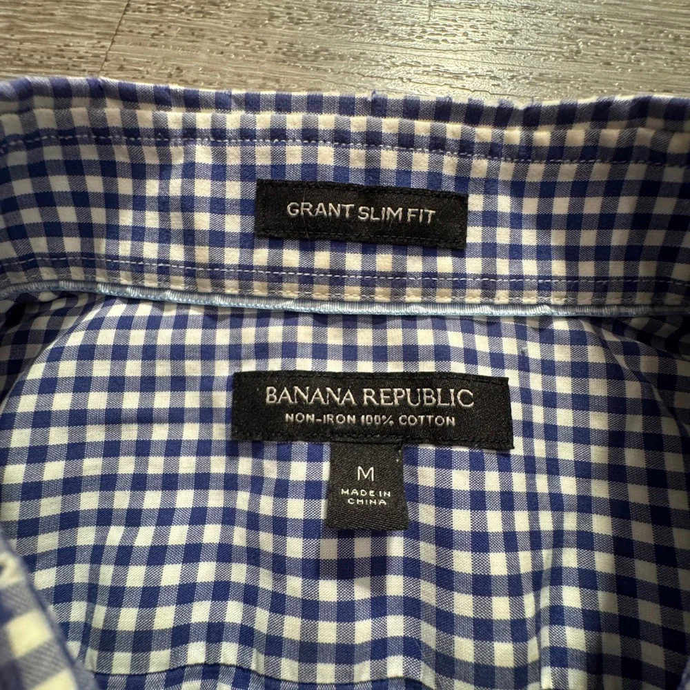 Banana Republic Shirt Mens M Blue Cotton Grant Slim Fit Gingham Preppy Casual